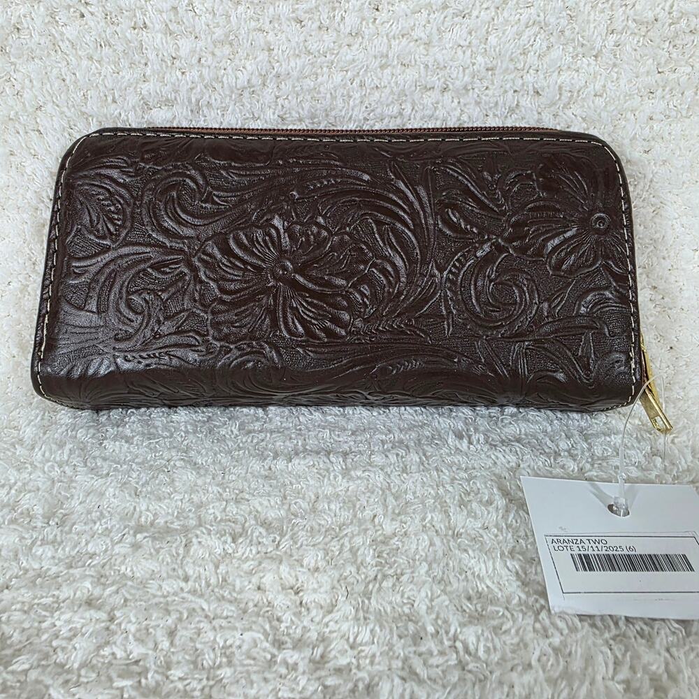 Brown Mexican Handmade Floral Embossed Leather Tab Closure Wallet - Picture 2 of 5